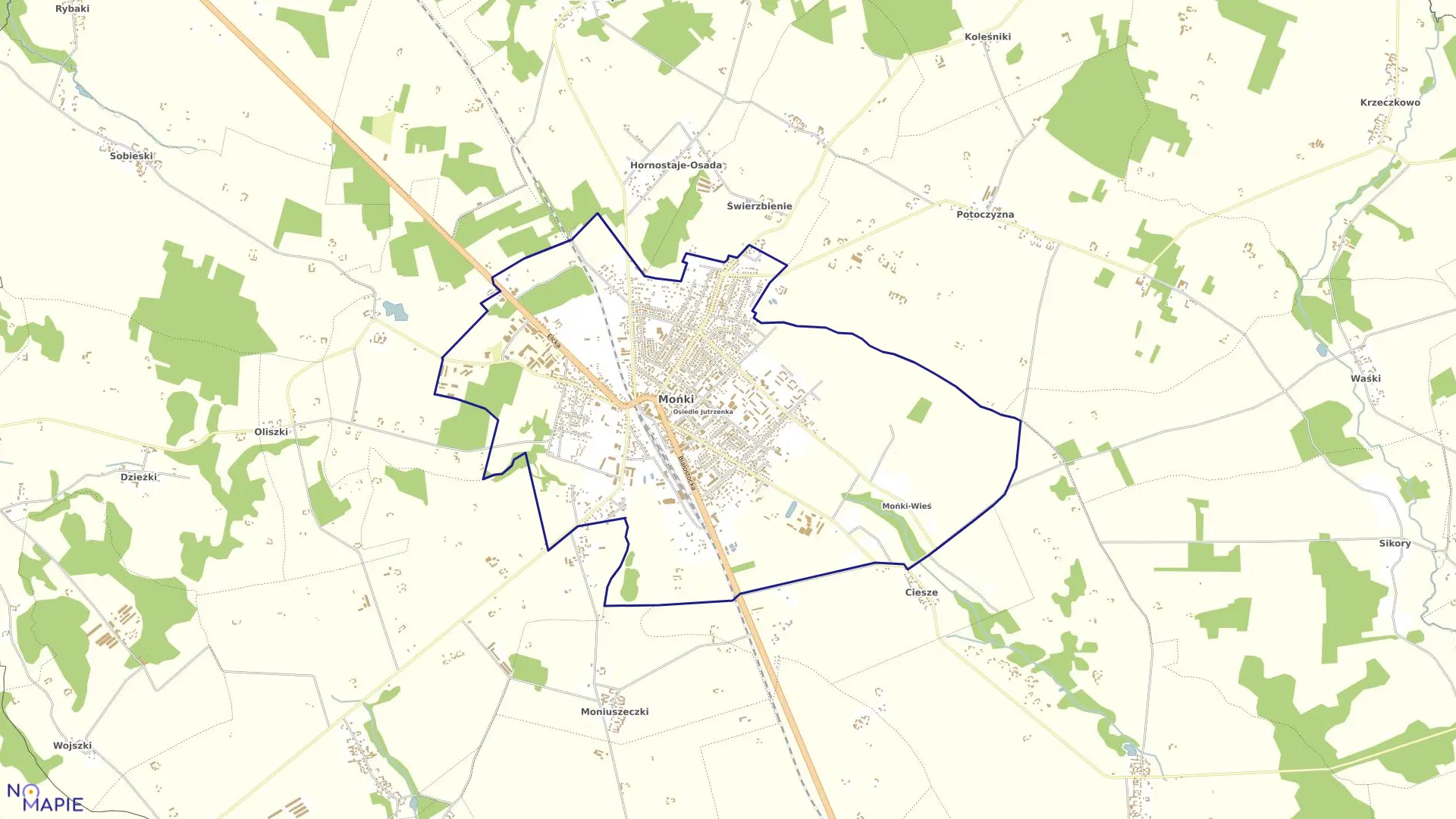 Mapa obrębu Mońki w gminie Mońki